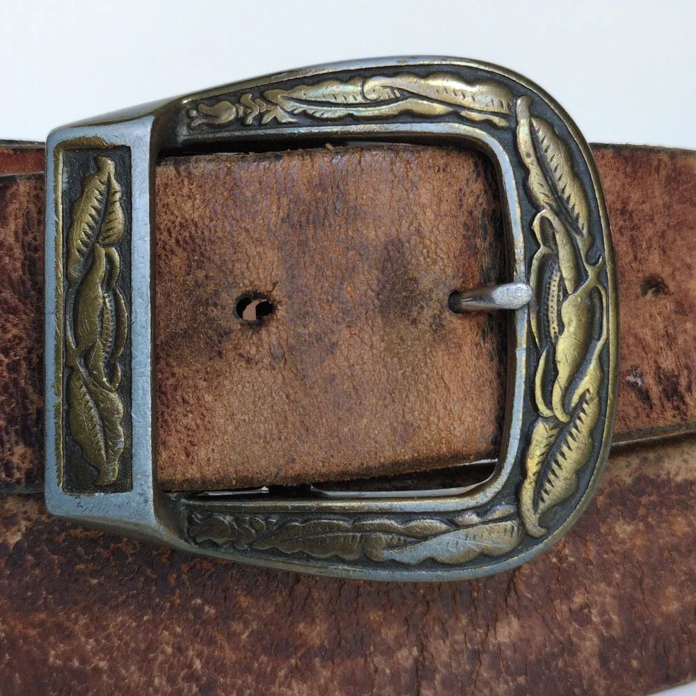 Vtg Leaf Flower Gold Silver Belt Buckle Distressed Leather Belt Engraved Western